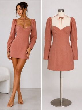 MAJORELLE Rust Pink Sweetheart Mini Dress with Puff Sleeves